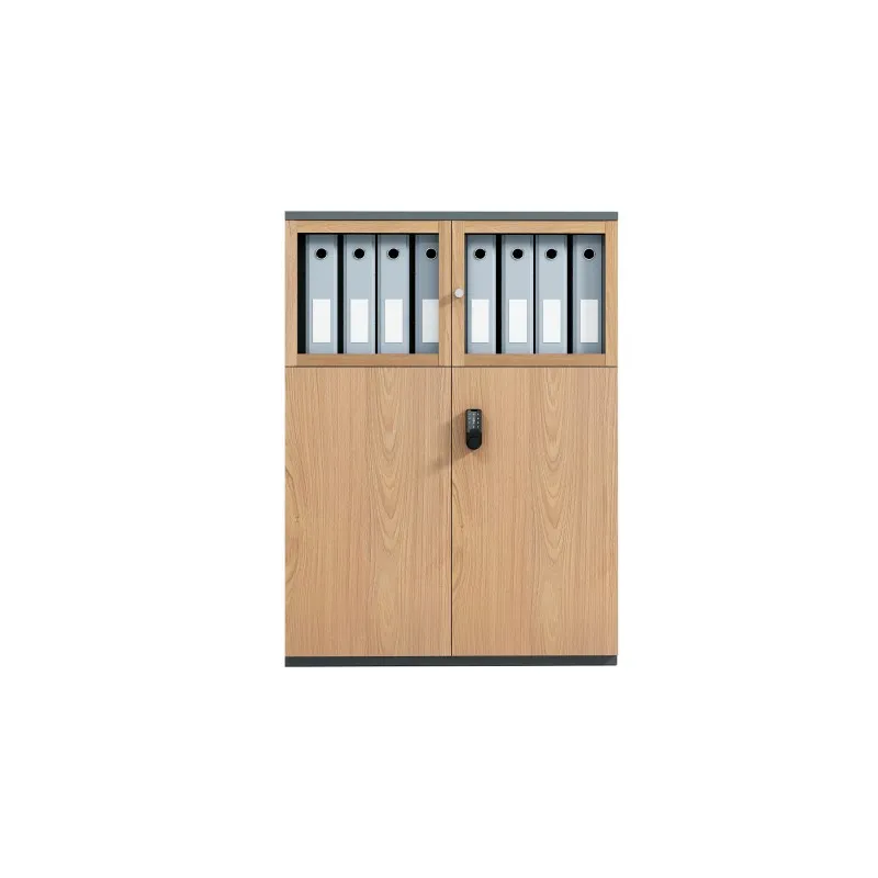 Niedriger Aktenschrank mit vier Türen, Stahl mit Holzmaserungs-Transfer, Oberteil aus Glas und Unterteil aus Metall, mit Zahlenschloss.