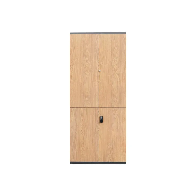 Viertüriger Stahlschrank mit Holzmaserungstransfer, zweiteilig mit ungleich großen Fächern und Zahlenschloss
